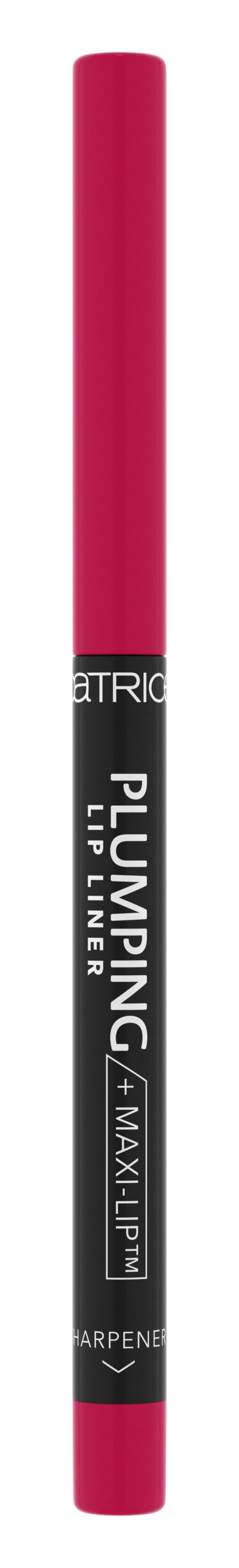 A pink lip liner pencil with black and white text, labeled 'Plumping' and 'Max Lip'.