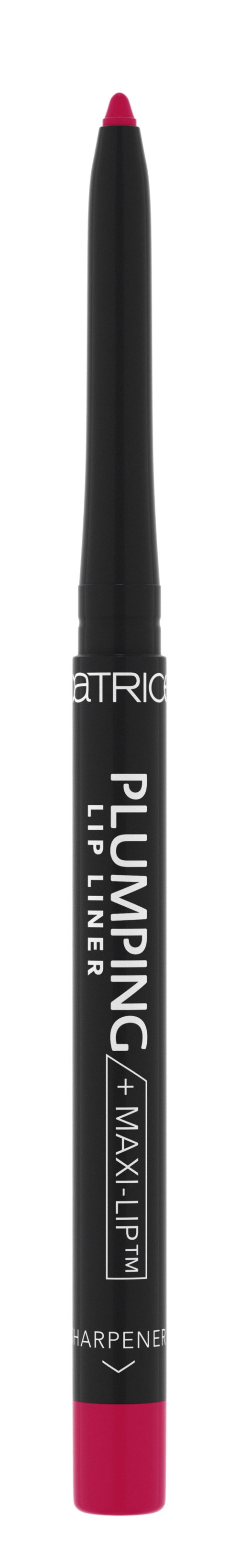 A black and pink lip liner pencil with words 'PLUMPING' and 'MAXIMUM' written on it.