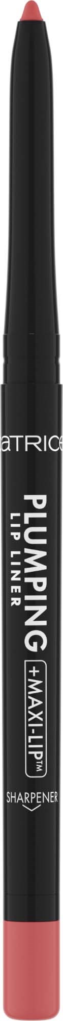Een zwarte make-up potlood met roze punt en witte tekst, gemarkeerd als lip liner door Patricia. Eenvoudig ontwerp.