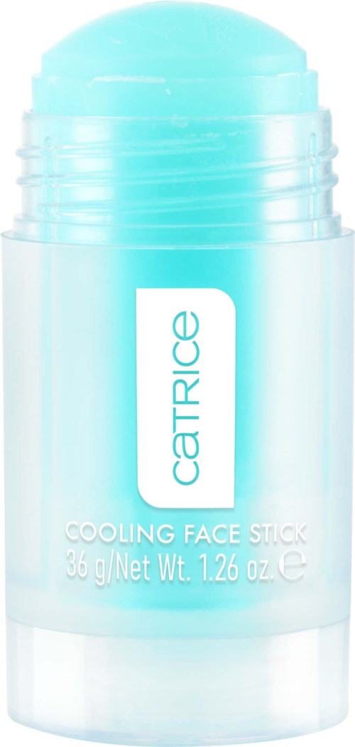 A light blue cylindrical container with a rounded top, labeled 'Catrice Cooling Face Stick'. It is used for skincare.