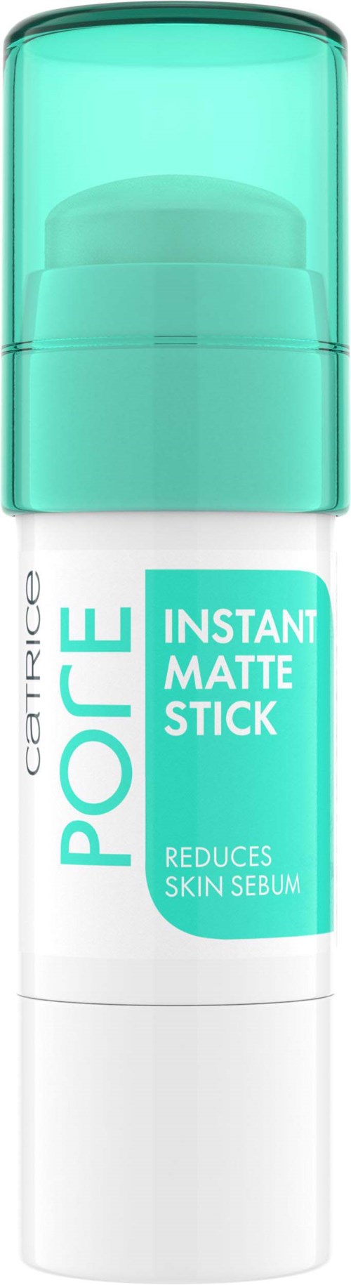 A white and teal deodorant stick labeled 'Pose' that reduces skin oil and has an instant matte finish.