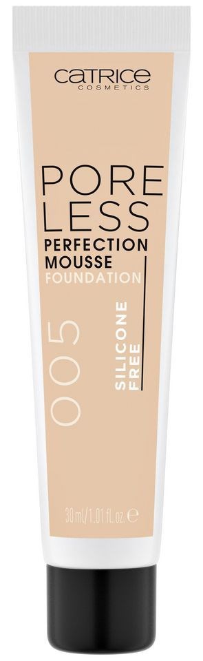 Beżowa tubka Catrice Poreless Perfection Mousse Foundation, oznaczona numerem 05 Silicone Fleece, czarna nakrętka.