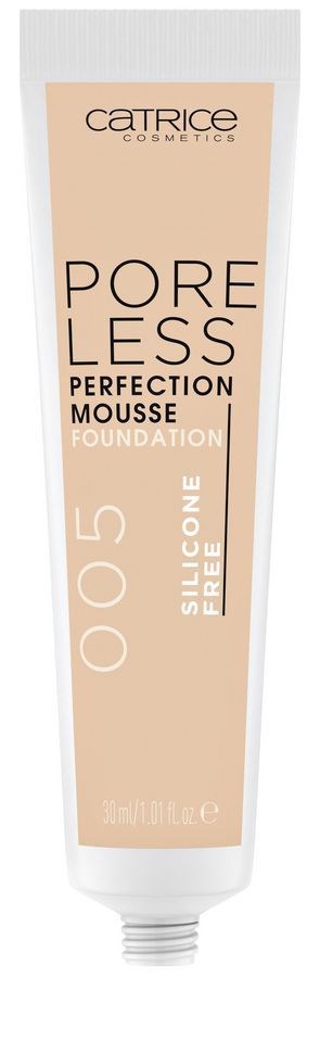 Beżowa tubka podkładu Catrice Poreless Perfection Mousse, oznaczona 'Silicone Free,' z białą nakrętką.