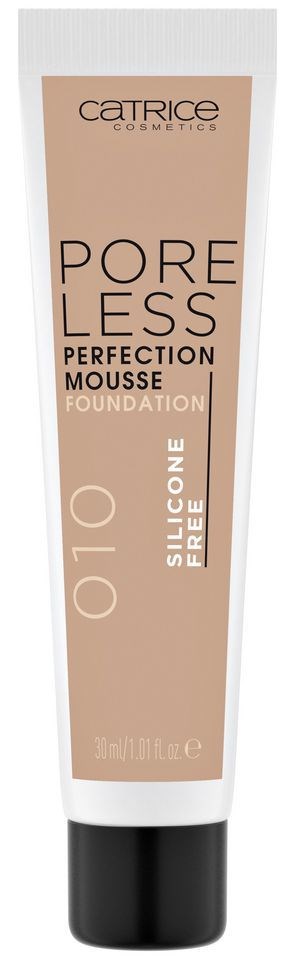 Beżowa rurka podkładu Catrice Poreless Perfection Mousse, oznaczona jako bez silikonu, odcień 010.