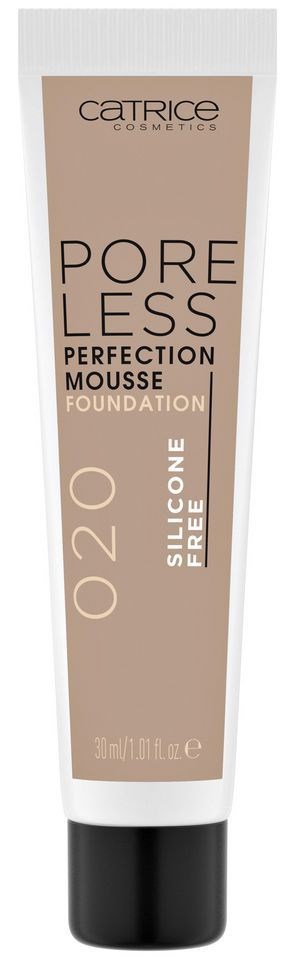 Beżowa tubka Catrice Poreless Perfection Mousse Foundation z czarnym zamknięciem i opisem produktu.