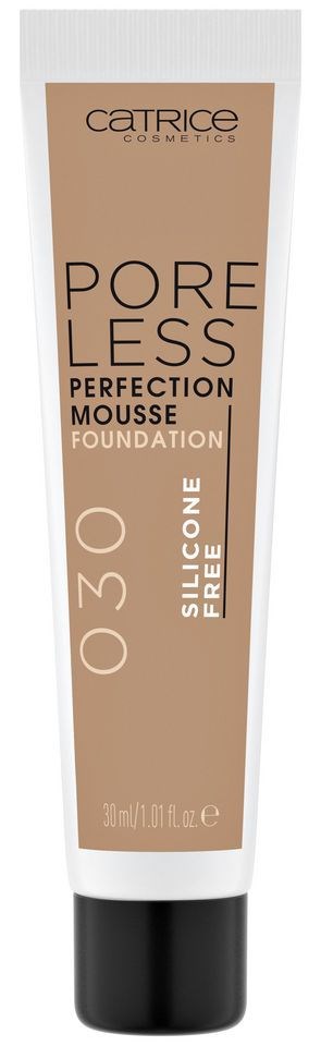 Podkład w musie Catrice Poreless Perfection, bez silikonu, w tubce w kolorze beżowym i czarnym.