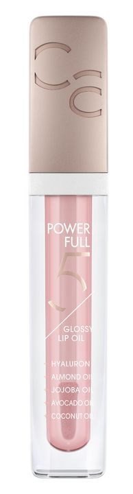 Ett läppglansrör med rosa och vit design, märkt "Power Full," med ingredienser som hyaluronsyra och kokos.