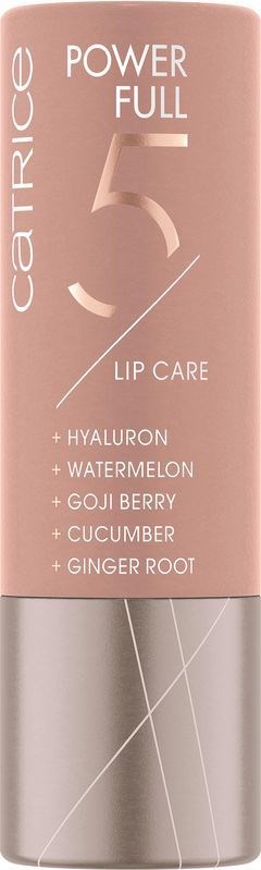 Lip balm in a pink tube, called Power Full 5, with ingredients like hyaluronic, watermelon, goji berry, cucumber, and ginger.