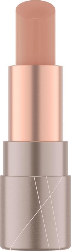 A nude lipstick in a sleek, metallic rose gold tube. The lipstick is extended, showing its rounded tip.