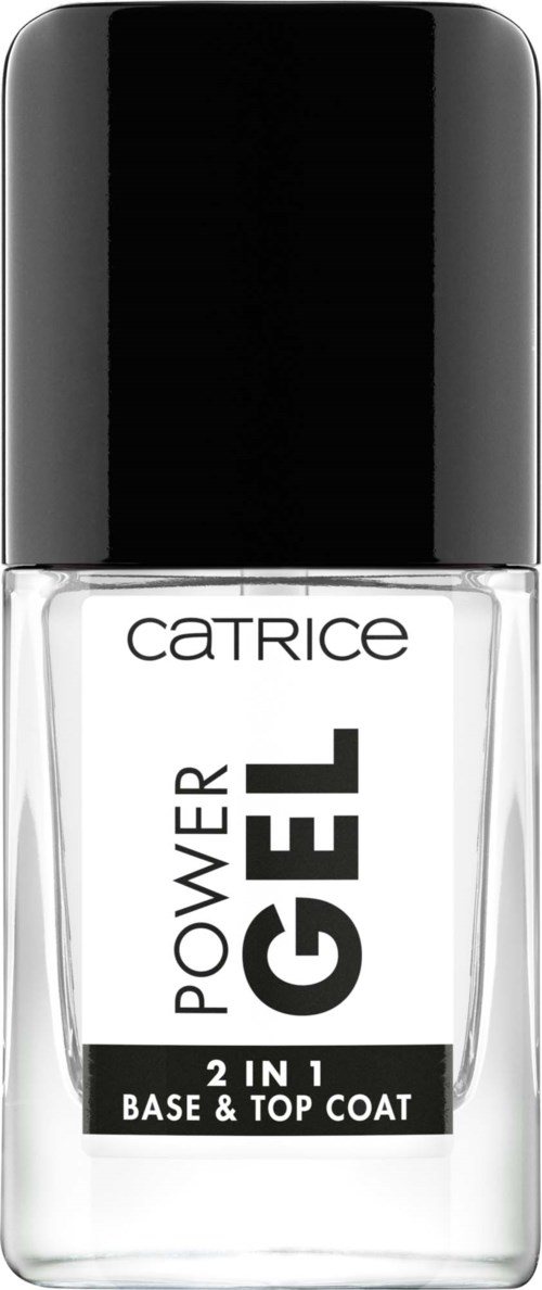En tydlig nagellacksflaska med svart lock, märkt 'Power Gel 2 in 1 Base & Top Coat.'
