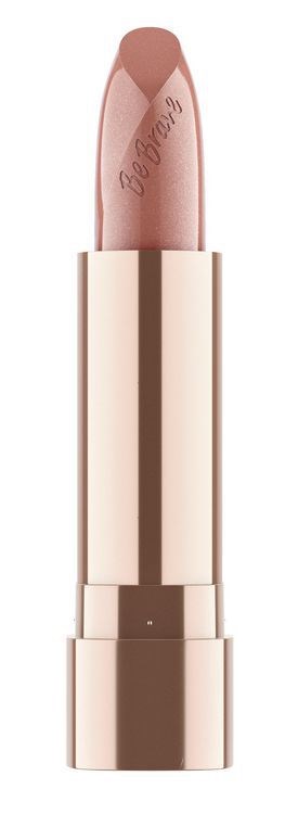 En rosa leppestift med et metallisk deksel, litt åpen som viser produktet innvendig.