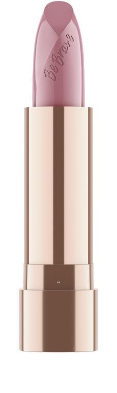 En rosa leppestift i en metallisk gulltube med et skinnende utseende og rosa lokk.