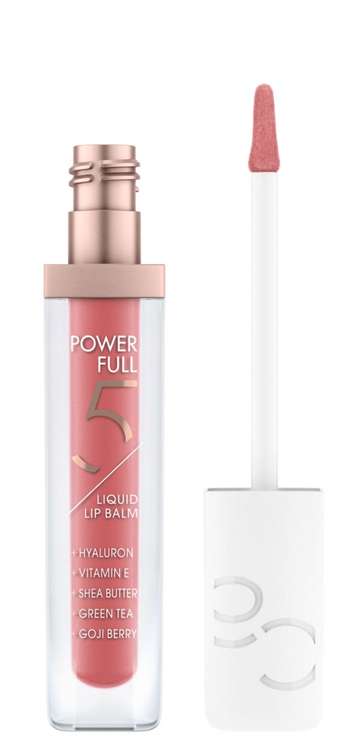 En rosa flytende leppepomade med hvit hette og påføringspinne, merket 'POWER FULL 5'.