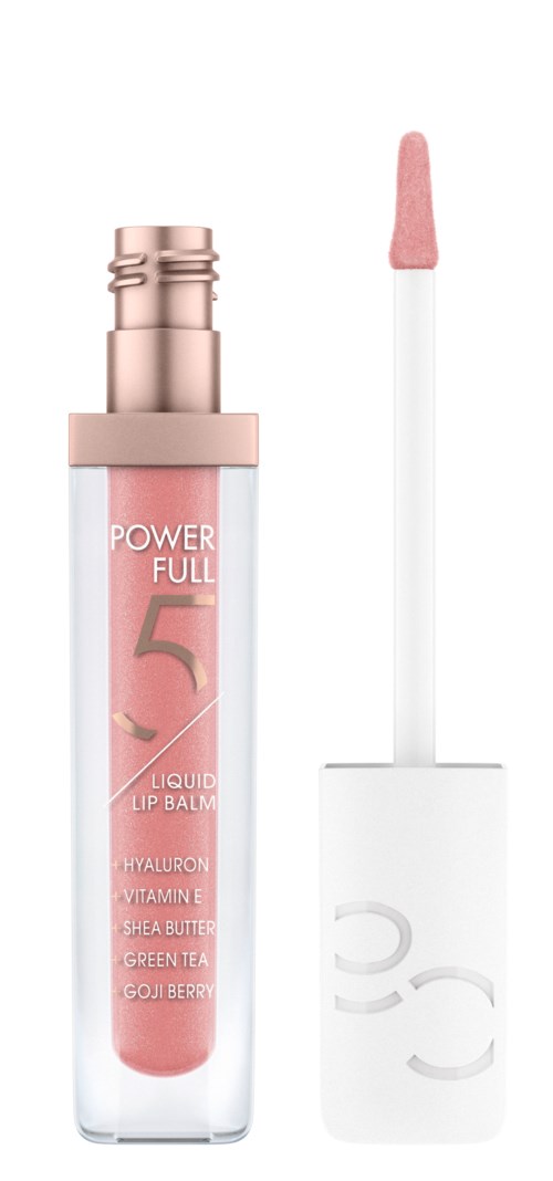 Leppepommetube med rosa farge, påføringsbørste og hvit lokk, merket 'Power Full 5'.