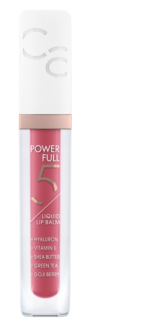 En rosa flytende leppepomade i et gjennomsiktig rør med hvit og gullhette, merket 'Power Full 5' med ingredienser oppført.