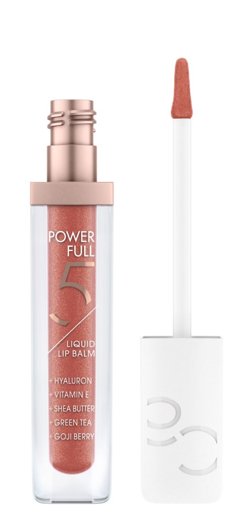 A lip gloss container with a white wand applicator and pinkish gloss inside.