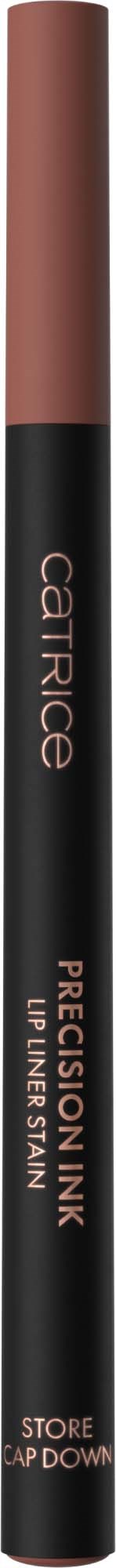 A black lip liner pencil with a brown cap, labeled Precision Lip Liner in a sleek design.