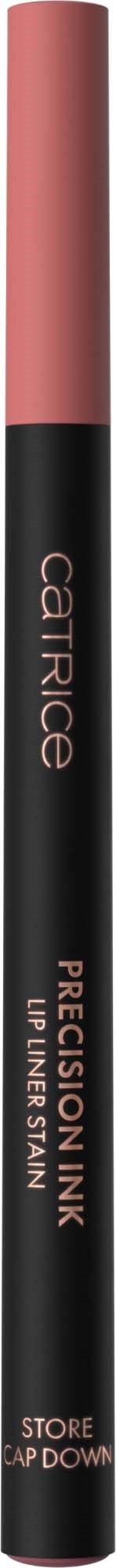 Lip liner pencil with pink cap and black body displaying product name and details.