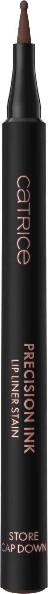 A black lip liner pencil with a pointed tip and pink text on the body reading Carrier Precision Ink Lip Liner Stain.