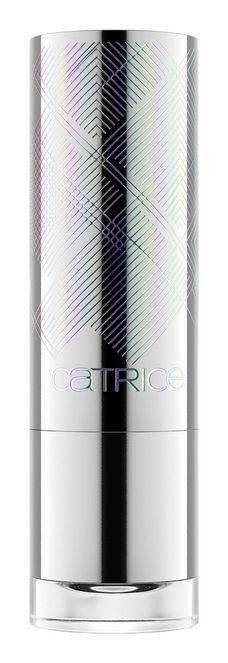 A tall, shiny silver bottle with a holographic pattern and the word 'Catrice' on it.