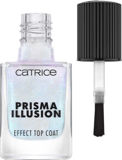 En klar neglelakflaske med sort låg og pensel indeni. Den er mærket "Catrice Prisma Illusion."