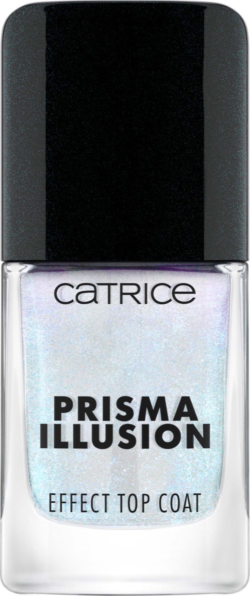 En neglelakflaske med sort låg, mærket Catrice Prisma Illusion, Effect Top Coat, med et skinnende, iriserende udseende.