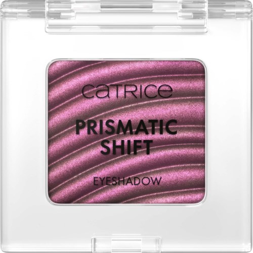 En lila ögonskugga med glittrande, texturerad yta i en genomskinlig, fyrkantig förpackning. Catrice-märke och produktnamn syns.