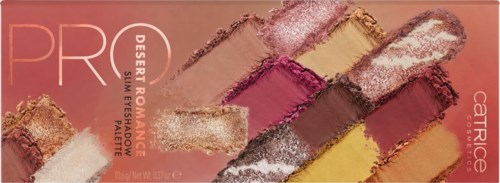 Makeuppalett med olika rosa, beige och bruna nyanser för ögon och ansikte.

