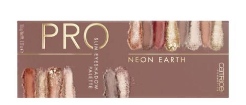 A palette of soft, shimmering eyeshadow colors called Neon Earth for pro makeup use.