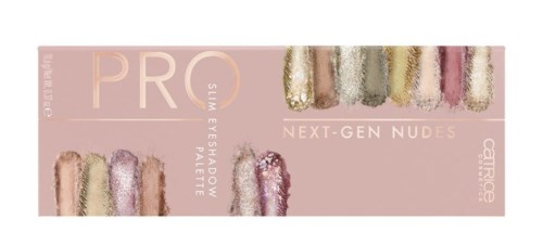 Paleta do makijażu oznaczona jako 'Pro Slim Eyeshadow Palette' z różnymi pastelowymi i shimmerowymi odcieniami w różowym opakowaniu.