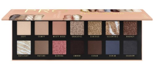 A makeup palette with 14 shades named Soft, Comfy, Misty Rose, and others, some shimmery and matte.