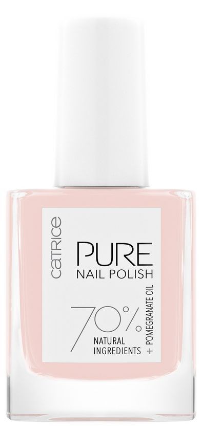 Jasnoróżowa butelka lakieru do paznokci z białym cap, oznaczona 'Catrice Pure Nail Polish, 70 %, naturalne składniki, olej z granatu.'