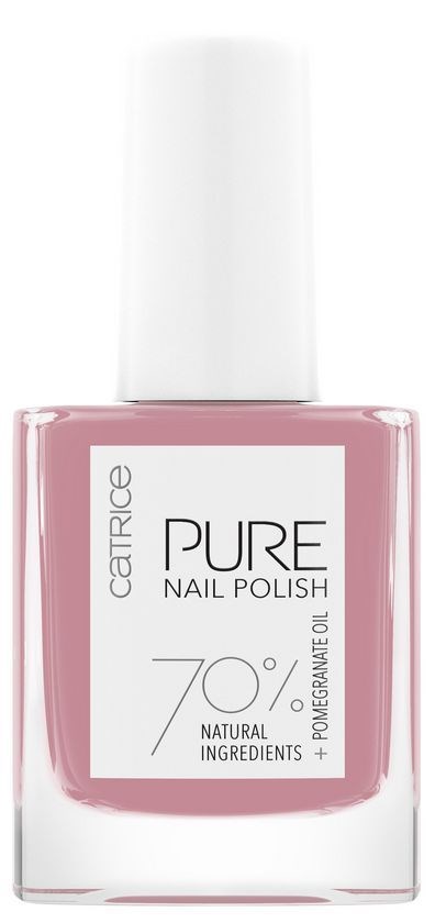 Różowa butelka lakieru do paznokci z białą zakrętką, oznaczona 'Catrice PURE Nail Polish,' zawiera 70% naturalnych składników i olej z granatu.