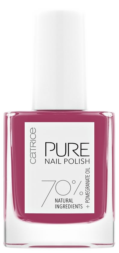 Różowa butelka lakieru do paznokci z białą nakrętką, oznaczona "Catrice Pure Nail Polish" z naturalnymi składnikami i 70% oleju owocowego.