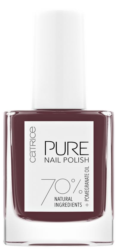 Butelka lakieru do paznokci Catrice Pure, ciemny kolor, z białą etykietą. Tekst podkreśla naturalne składniki i olej z granatu.