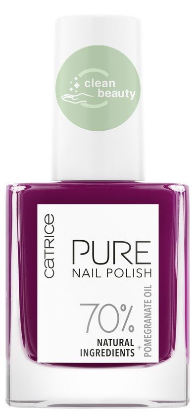 Fioletowy lakier do paznokci z białą etykietą, na której napisano 'Catrice PURE NAIL POLISH 70%' i 'Natural ingredients'.