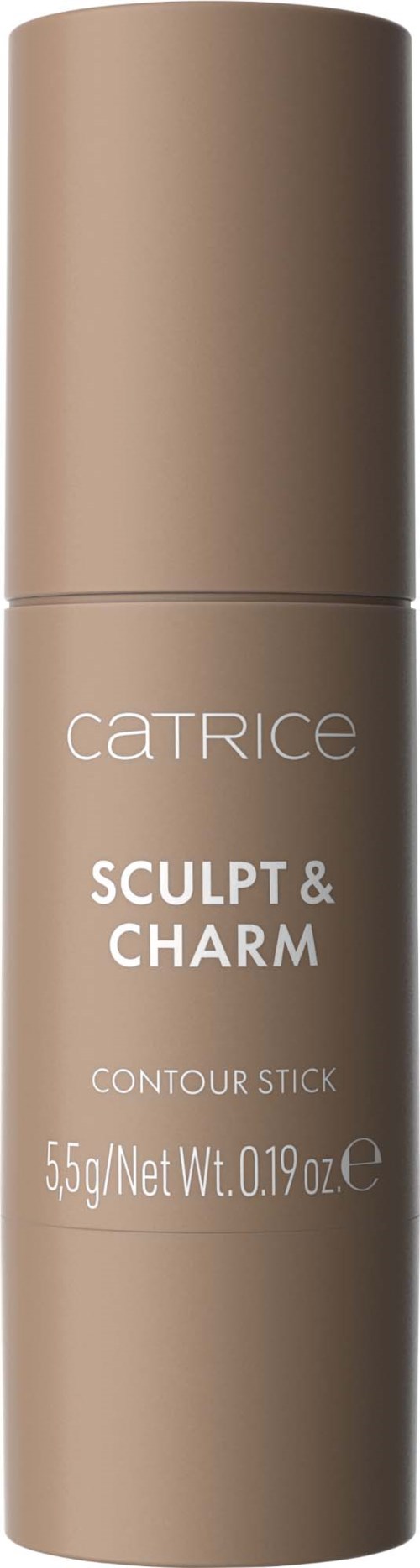 En beige, cylindrisk behållare märkt 'Catrice Sculpt & Charm Contour Stick' med lock, för makeup.
