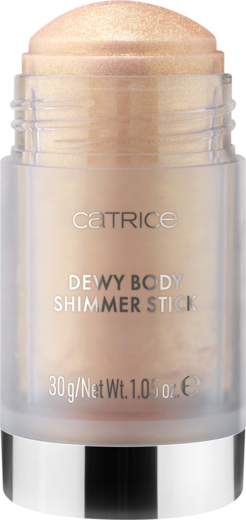 Ein Make-up-Stift in Hellbeige, mit der Aufschrift CATRICE Dewy Body Summer Stick, in einem transparenten Behälter.