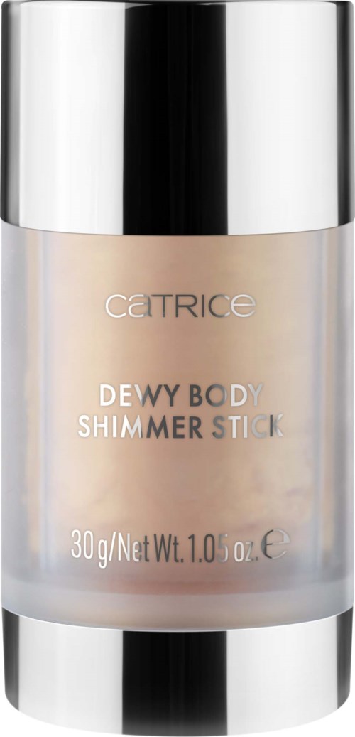 Es ist ein Schönheitsprodukt namens Dewy Body Shimmer Stick in einem silbernen und durchsichtigen Behälter.