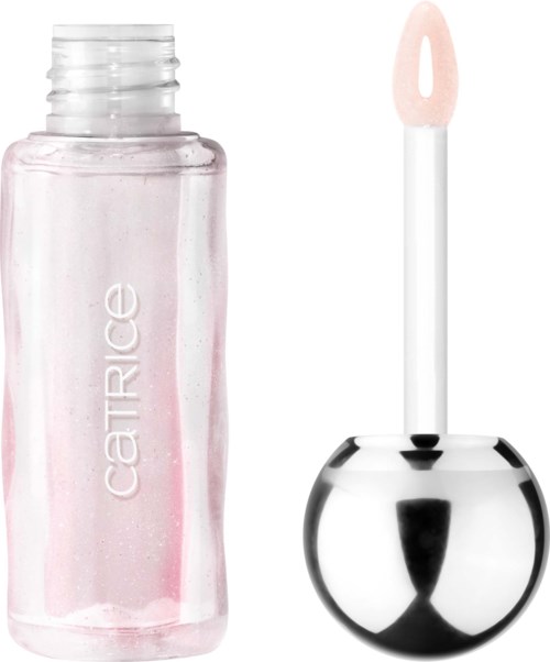 En klar flaske med læbegloss med en hvid og pink applikator og et blankt sølvhylster.