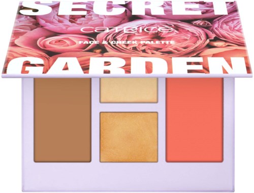 A face and cheek color palette with pink flowers on the cover, containing three different shades for makeup.