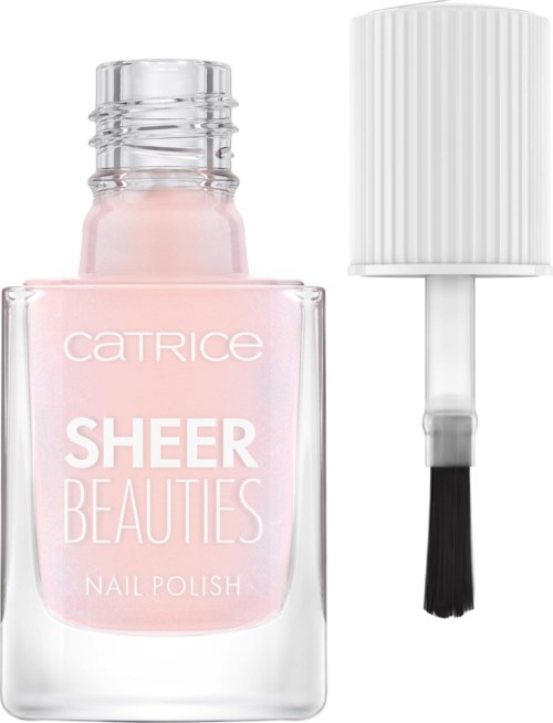 Een roze nagellakfles met witte dop en een penseel buiten de fles.