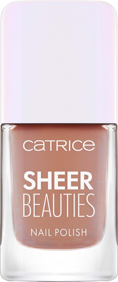 Butelka lakieru do paznokci Catrice Sheer Beauties w jasnym beżowym lub nude odcieniu.