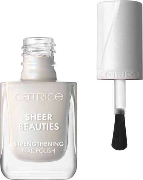 Vit nagellackflaska märkt 'Sheer Beauties' med en svart borste, ny och oanvänd.