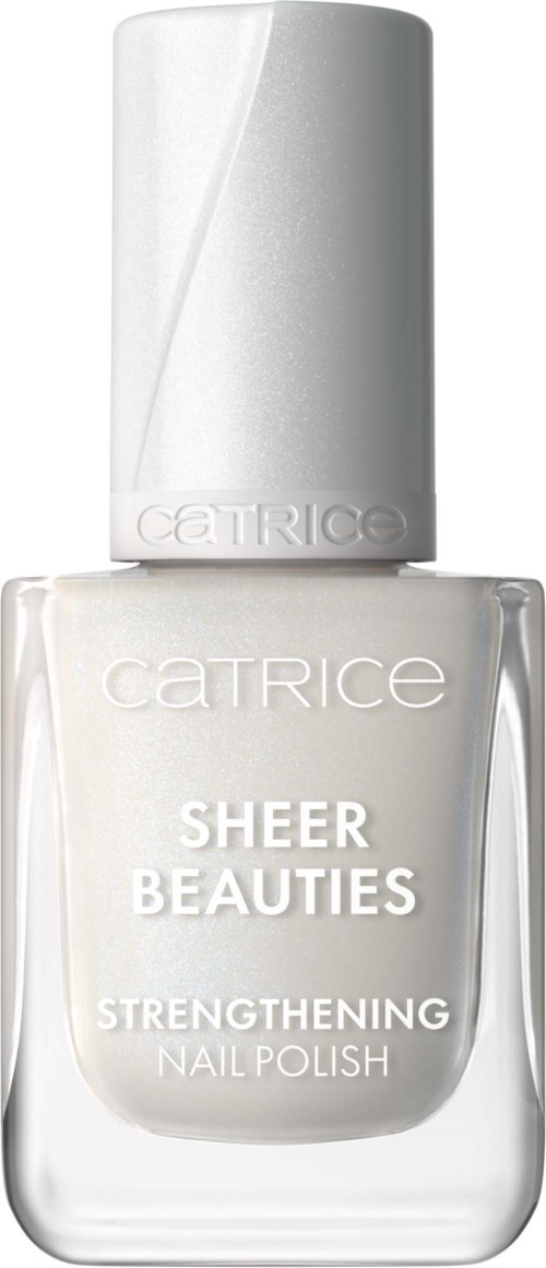 En tydlig flaska med nagellack märkt 'Catrice Sheer Beauties Strengthening Nail Polish.'