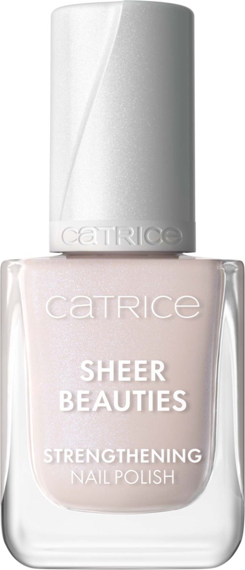 En flaska av Catrice Sheer Beauties Strengthening Nagellack, ljus rosa färg, med ett vitt lock.