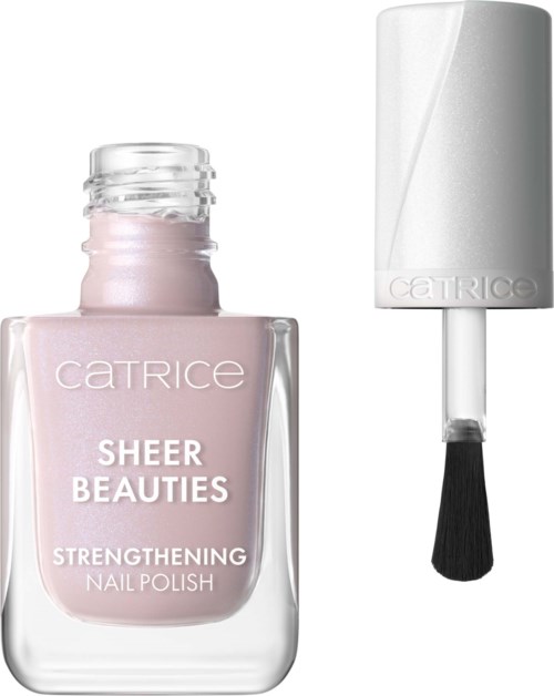 Nagellackflaska i rosa färg med vit kork och borste, märkt 'Sheer Beauties.'