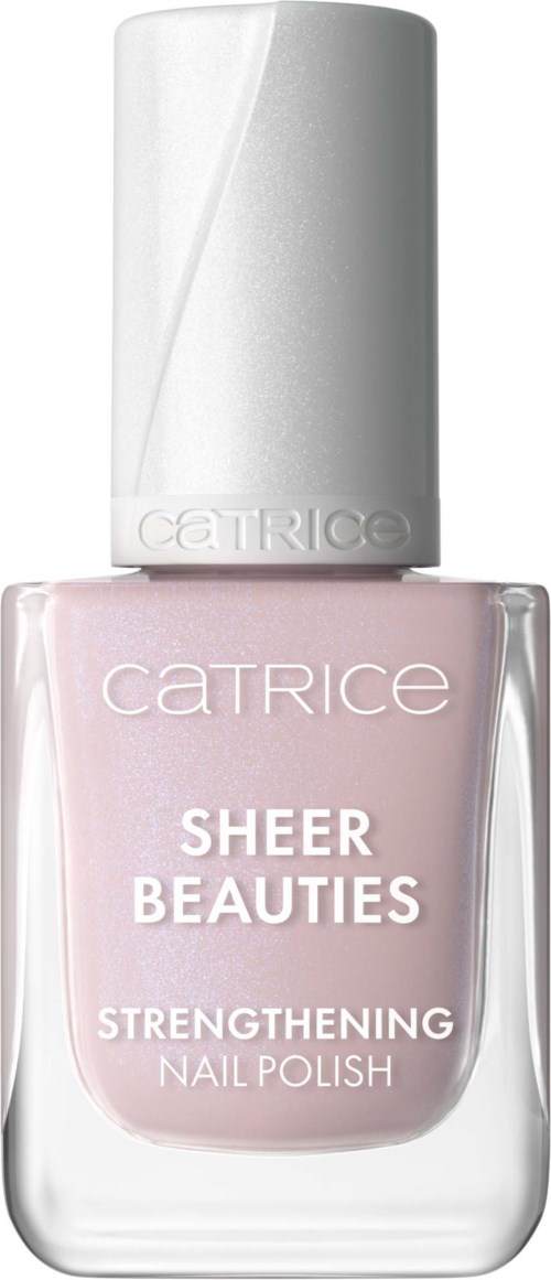En flaska Catrice Sheer Beauties stärkande nagellack med rosa färg och silverlock.