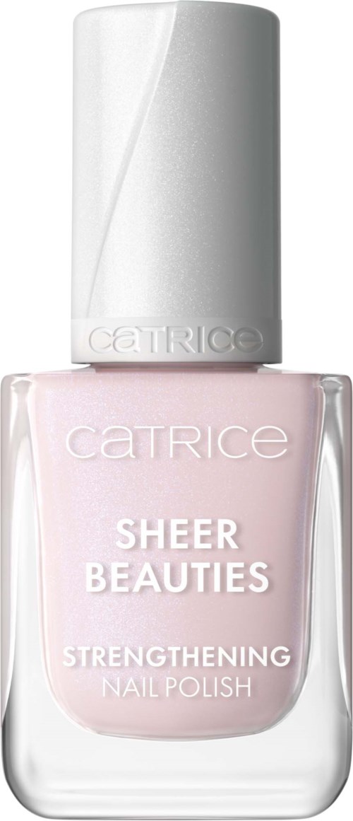 Różowa butelka lakieru do paznokci z białym wieczkiem, oznaczona 'Catrice Sheer Beauties Strengthening Nail Polish.'