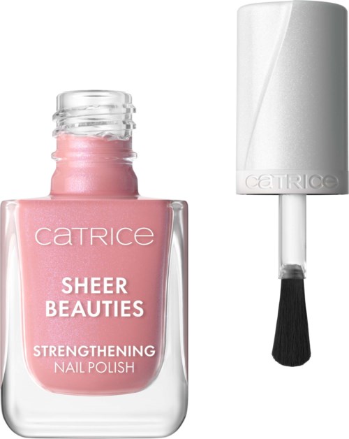 Rosa nagellack med vit lock och borste, märkt 'Catrice Sheer Beauties Strengthening Nail Polish.'